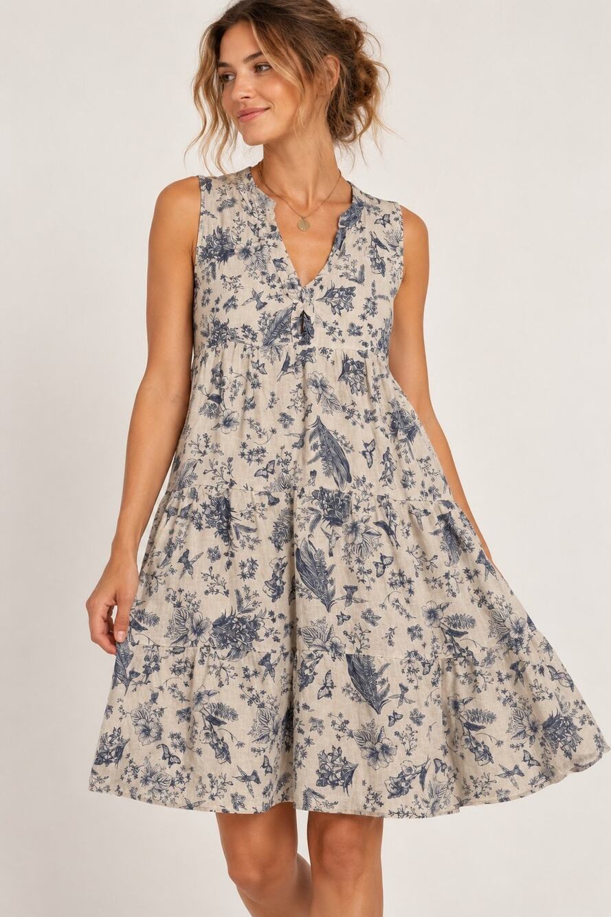 Rosemarine Italy S 100% Linen Dress Blue Floral Bird Toile Tiered Knee Length